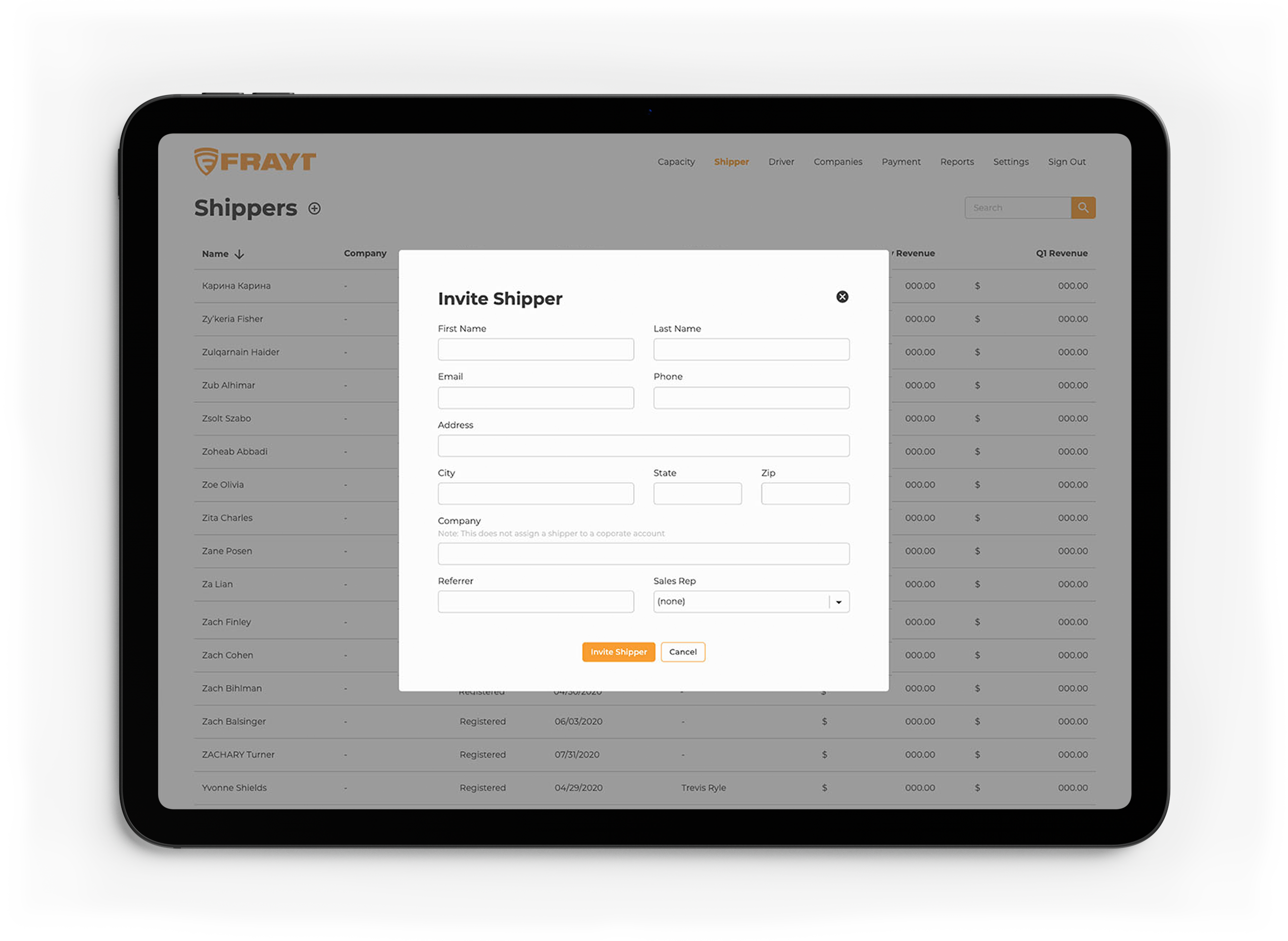 Screenshots of Frayt app