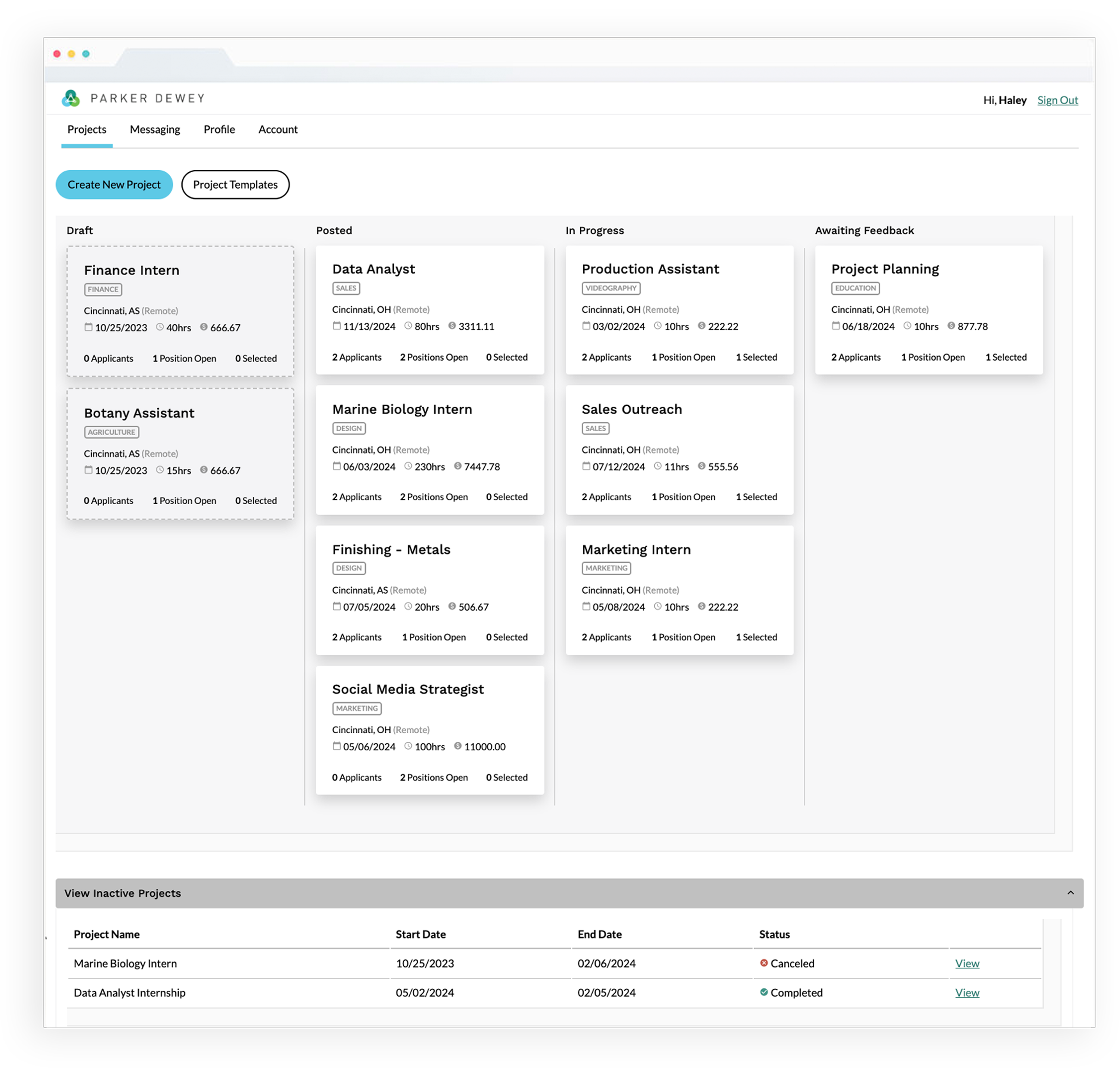 Screenshots of Parker Dewey app